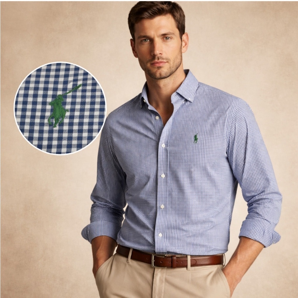 Polo Ralph Lauren Performance Men’s Blue Micro Gingham Button Down Shirt Size L